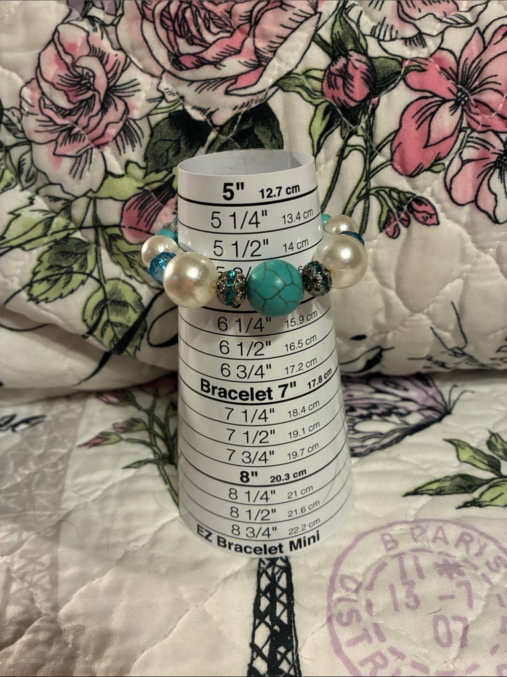 Turquoise & Pearl Stretch Bracelet with Gold Accents - Turquoise, White, Gold